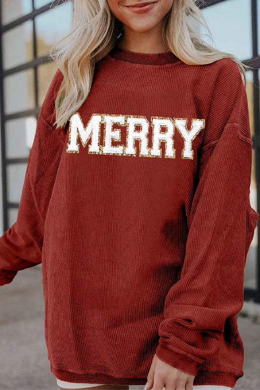 Racing Red MERRY Graphic Corded Christmas Sweatshirt Cotton Hoodie Fleece Lining Warmth