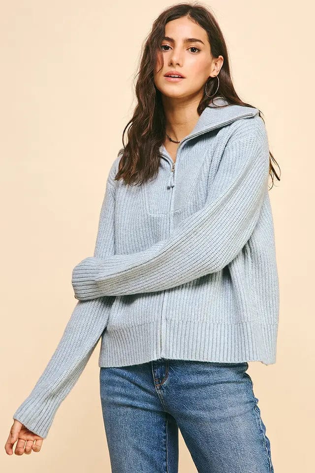 Pinch Zip Up Sweater in Dusty Blue Front Pockets Side Pockets Patch Pockets