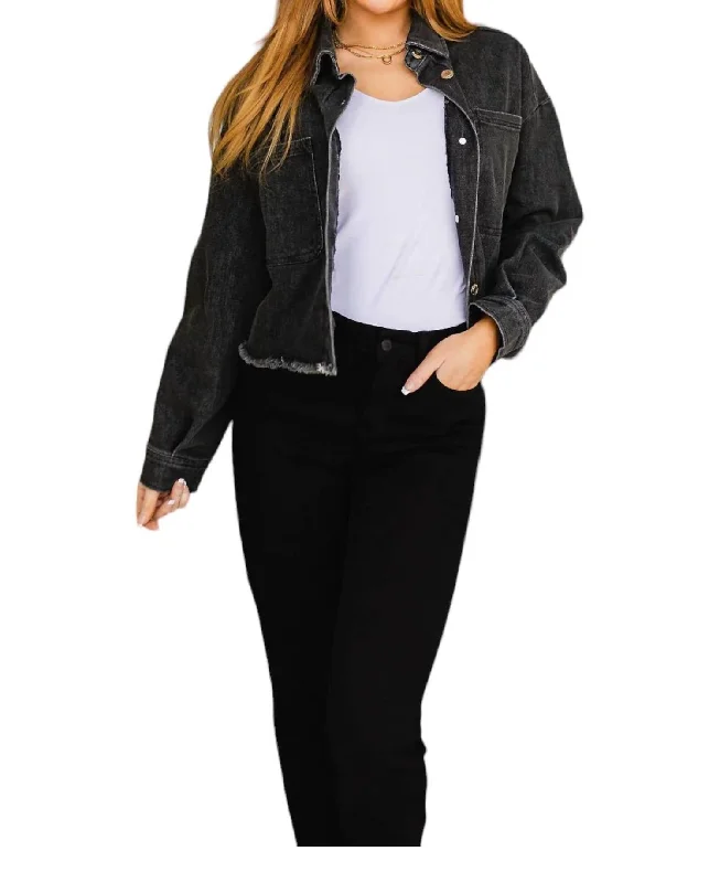 Long Sleeve Jacket In Black Front Pockets Side Pockets Patch Pockets