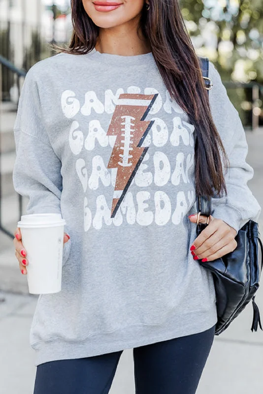 Gray GAME DAY Lightning Rugby Football Print Pullover Sweatshirt Hoodie with Rhinestones Sparkly Elegant Gray GAME DAY Lightning Rugby Football Print Pullover Sweatshirt Hoodie with Rhinestones Sparkly Elegant