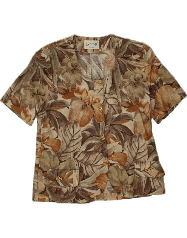VINTAGE Womens 4 Button Short Sleeve Blazer Jacket IT 48 XL Brown Floral Front Pockets Side Pockets Patch Pockets VINTAGE Womens 4 Button Short Sleeve Blazer Jacket IT 48 XL Brown Floral Front Pockets Side Pockets Patch Pockets