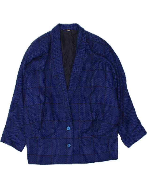 RALPH Womens 2 Button Blazer Jacket UK 18 XL Blue Check Cotton Fabric Linen Fabric Terry Fabric