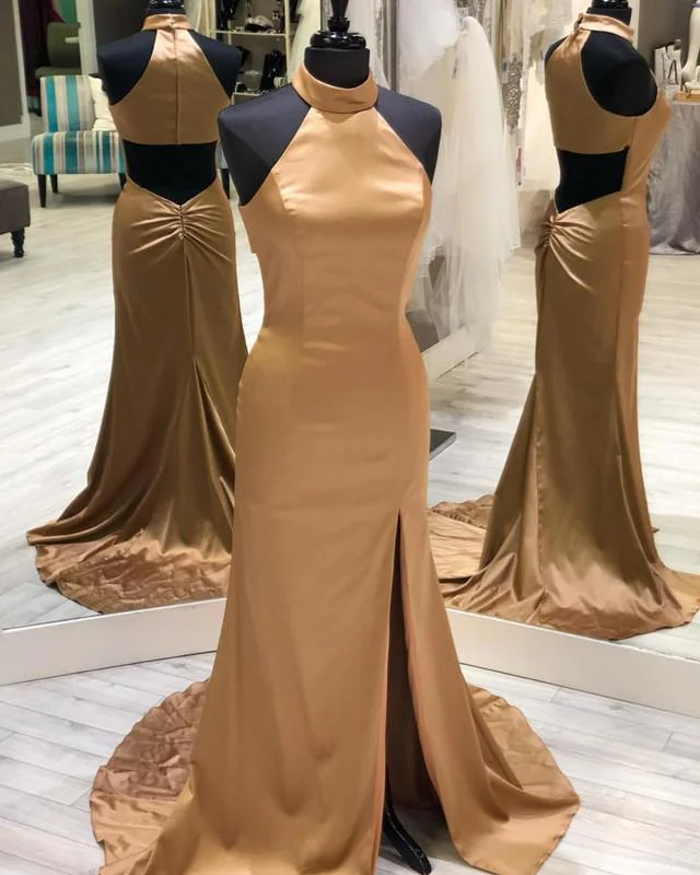 Long Satin Open Back Mermaid Prom Dresses Halter Neck Pencil Office Professional