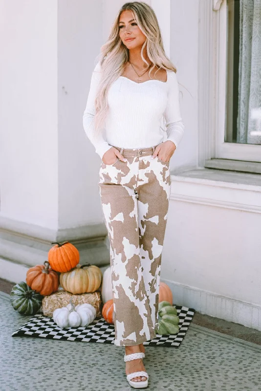 Chic Cow Print Flared Trousers Trousers Palazzo Wide Leg