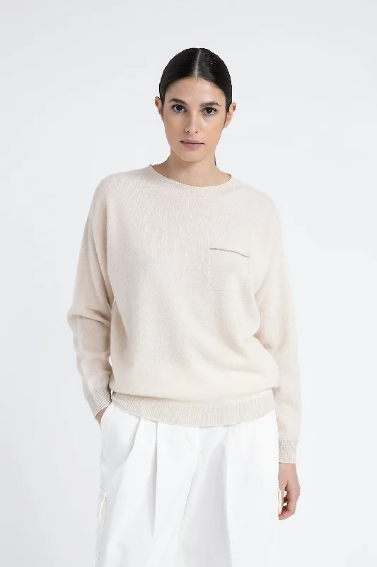 Crew neck sweater in pure cashmere and Lurex Herringbone Houndstooth Plaid