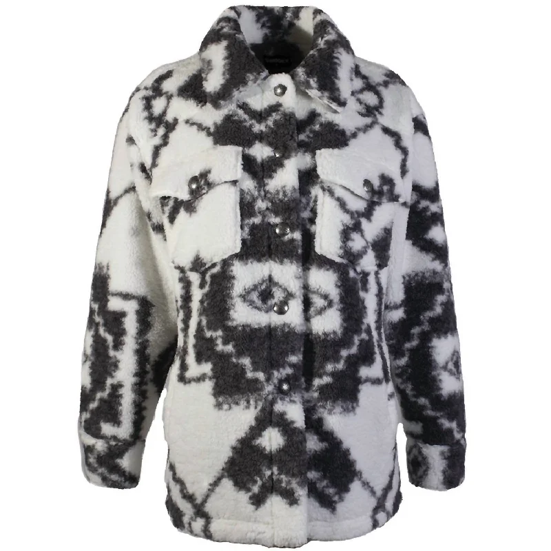 Women's Sherpa Jacket In White/black Aztec Nylon Fabric Polyester Fabric Spandex Fabric