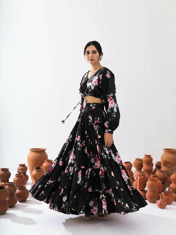 PR Fashion Black Heavy Air Tex Chinon Readymade Digital Print Crop Top & Lehenga Sequined Glittery Shiny