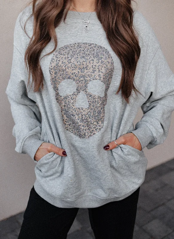 Pocket Leopard Rhinestone Skull Sweater Casual Formal Business