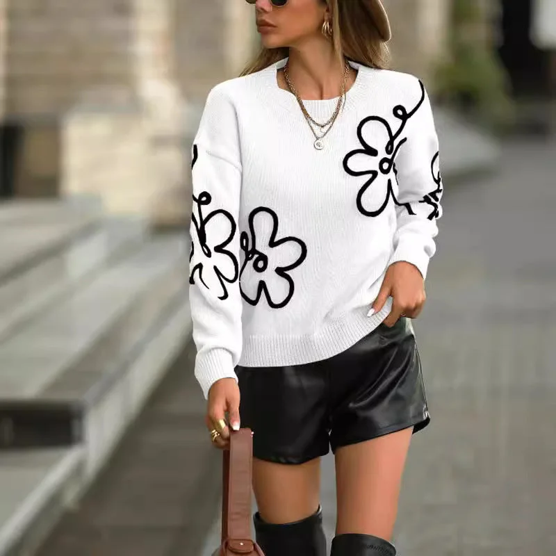 Chic Flower Jacquard Knitted Sweater Striped Floral Plaid