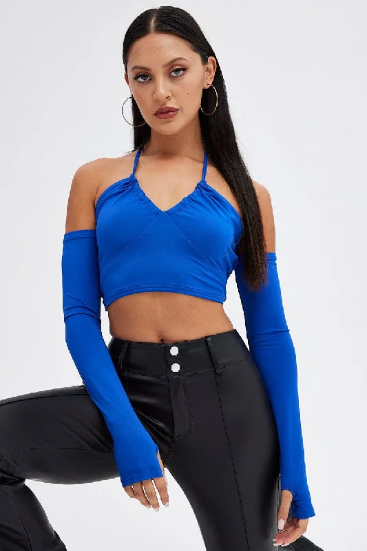 Blue Halter Top Long Sleeve Crop Top Silk Blend Satin Velvet