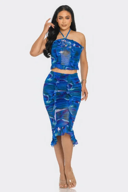 Tropical Waters Print Mesh Ruffle Halter Skirt Set modal blend skirt