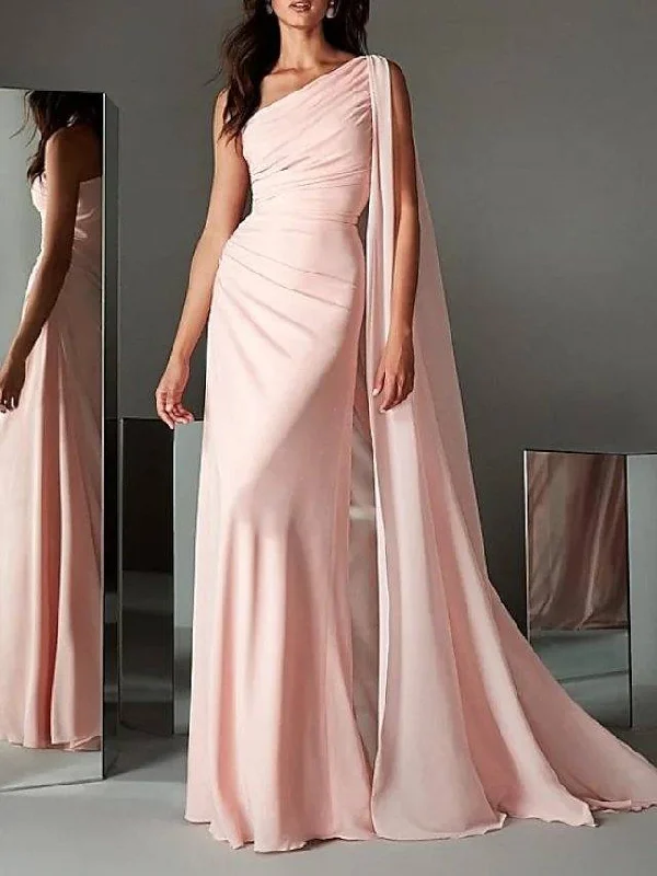 Sheath / Column Minimalist Elegant Engagement Formal Evening Dress One Shoulder Sleeveless Sweep / Brush Train Chiffon with Sleek Tunics Bestseller popular