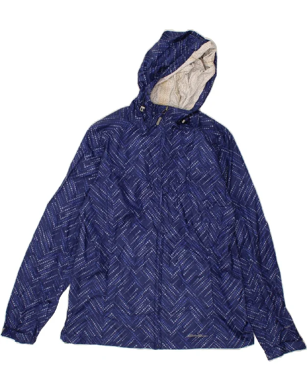 EDDIE BAUER Womens Hooded Rain Jacket UK 12 Medium Navy Blue Chevron Nylon Hooded Jacket Caped Jacket Shawl Collar Jacket