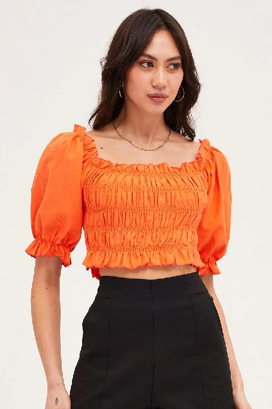 Orange Crop Top Short Sleeve Shirred Fashionable Trendy Casual