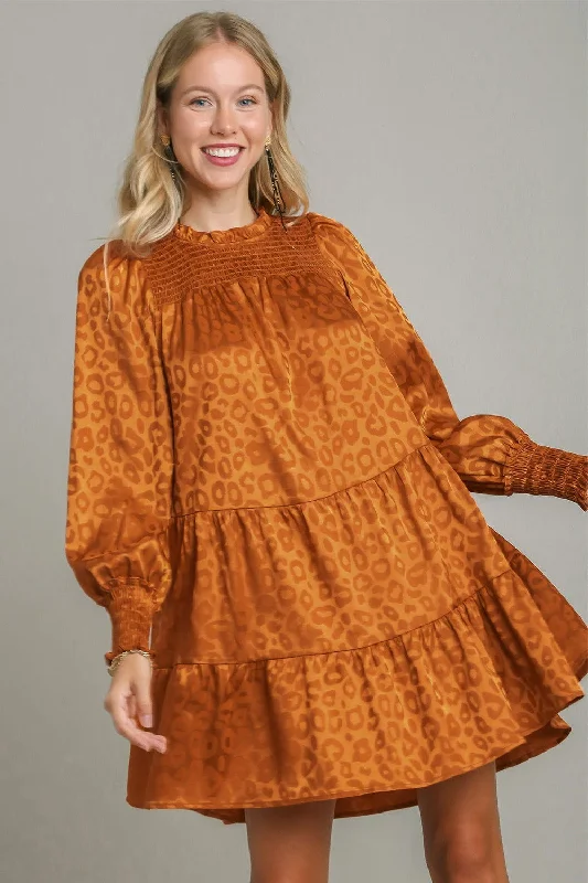 Umgee Smocked Leopard Long Sleeve Tiered Dress Boat Neckline Classic