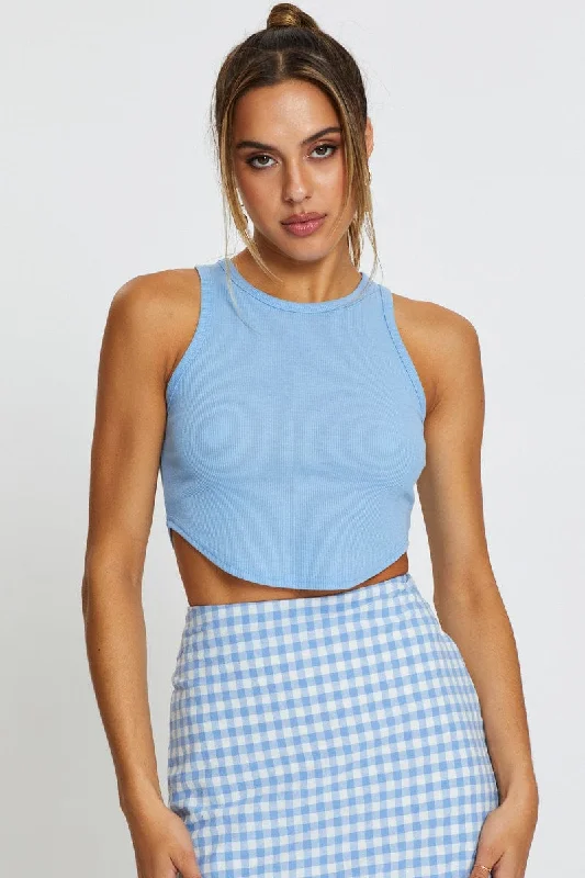 Blue Crop Top Sleeveless Cashmere Blend Cotton Blend Poly Blend