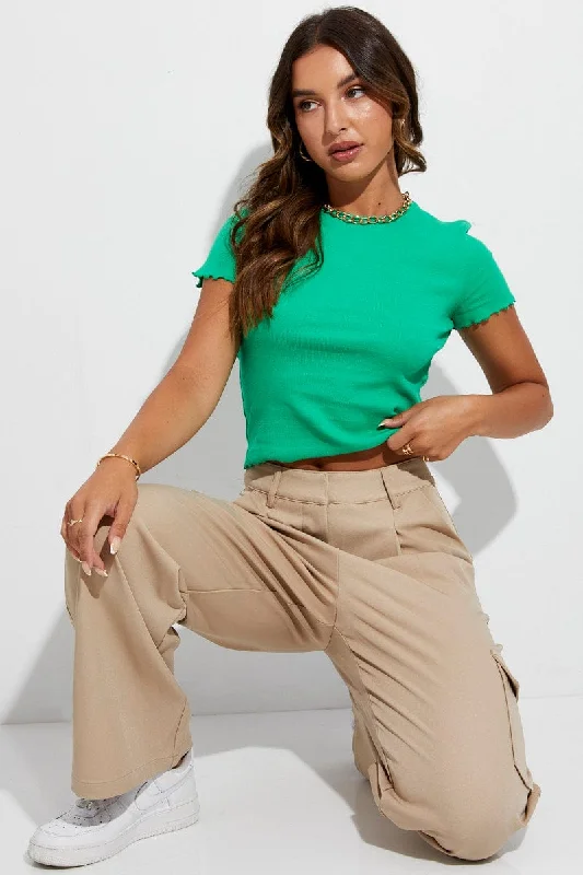 Green Crop Top Short Sleeve Crew Neck Rib Jersey Knit Fabric Woven Fabric Fleece Fabric