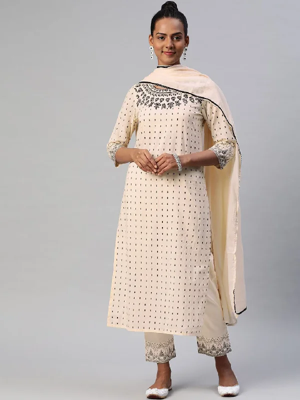 Women's Beige Black Printed Pure Cotton Kurta With Trouser - Hatheli Trousers Leisure Comfortable Women's Beige Black Printed Pure Cotton Kurta With Trouser - Hatheli Trousers Leisure Comfortable