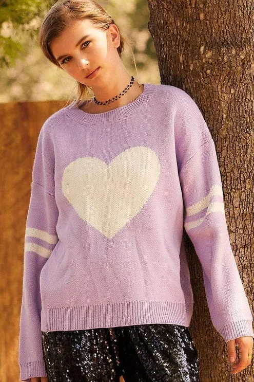 Main Strip Round Neck With Heart Contrast Sweater Spandex Rayon Corduroy