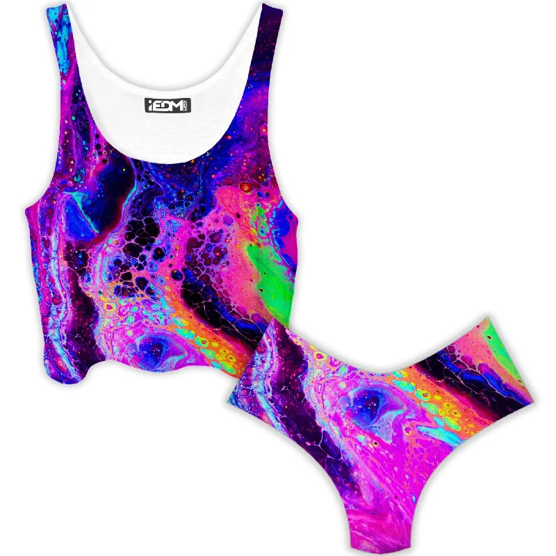 Psychedelic Radiation Crop Top and Booty Shorts Combo Anti-Pilling Machine Wash Handmade