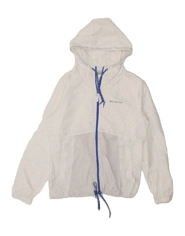COLUMBIA Womens Hooded Rain Jacket UK 14 Medium White Spotted Polyester Fleece Jacket Down Jacket Feather Jacket COLUMBIA Womens Hooded Rain Jacket UK 14 Medium White Spotted Polyester Fleece Jacket Down Jacket Feather Jacket