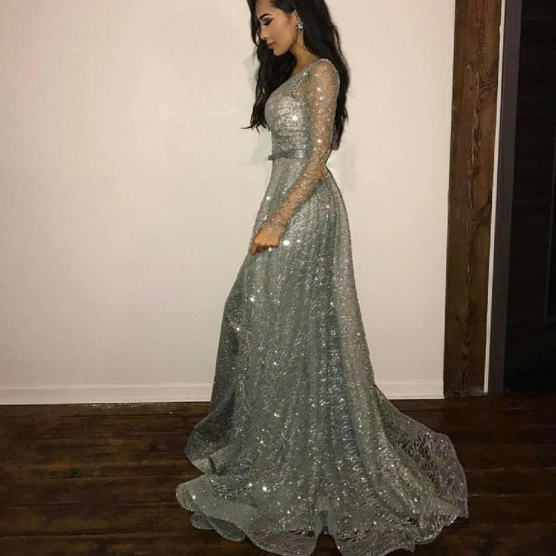 Long Sleeves Silver Sequins Evening Gowns Glitter Prom Dress Crew Neckline Sporty