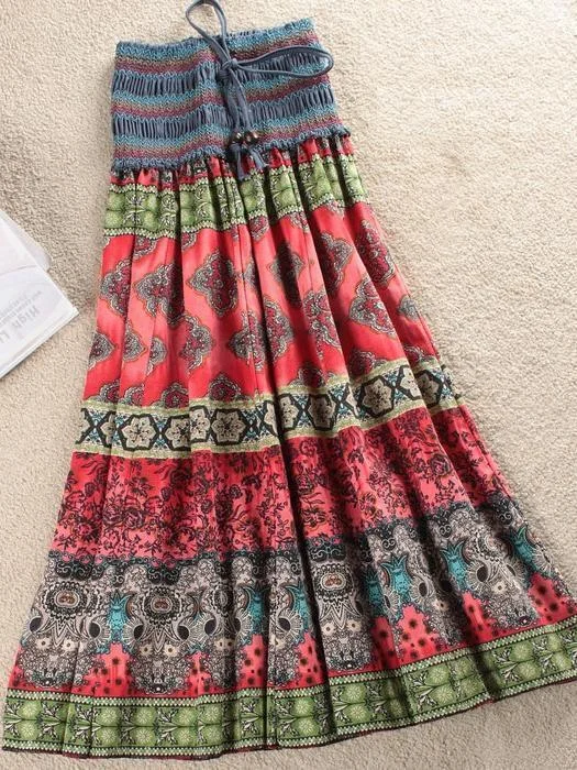 Fashion Elastic Waist Bohemian Style Floral Women Skirt patchwork skirt art