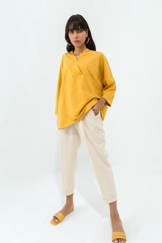 MUSTARD SLUB JERSEY OVERLAPED TOP Silk Jersey Blouse
