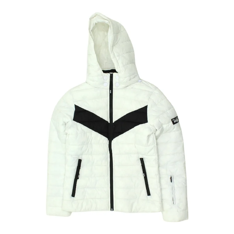 Diesel Womens White Hooded Puffer Jacket | Outdoors Padded Designer Hoodie Coat Zip Front Button Front Snap Front