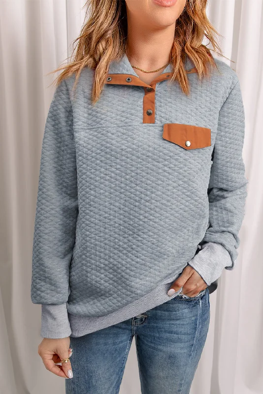 Gray Quilted Snaps Stand Neck Pullover Sweatshirt with Fake Front Pocket Hoodie with Fur Luxurious Winter