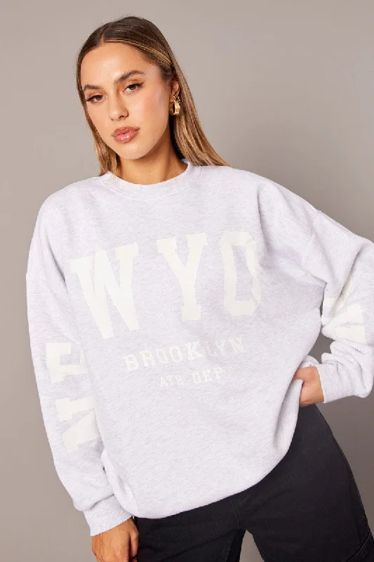 Grey Graphic Sweater Long Sleeve Spandex Rayon Corduroy