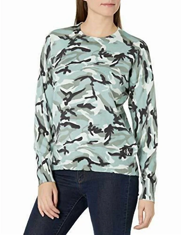 Camouflage Crewneck Sweater In Green Rayon Fabric Velvet Fabric Corduroy Fabric