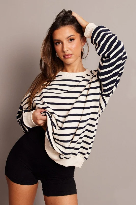 Beige Stripe Sweater Long Sleeve Tailored Straight A-Line