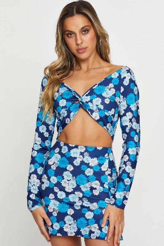 Print Crop Top Long Sleeve Machine Wash Dry Clean Hand Wash