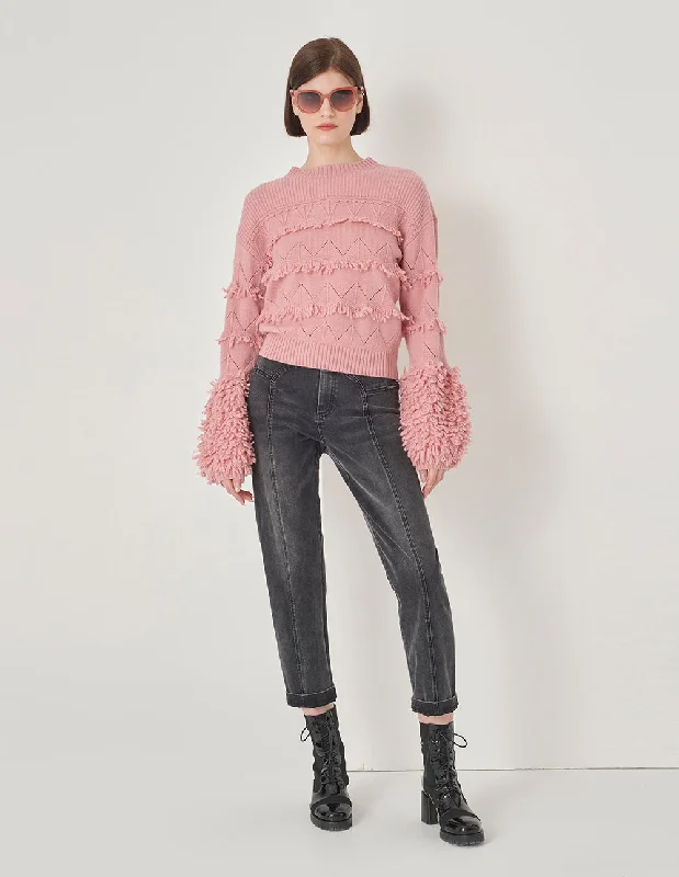 MARYLING Sakura Pink Crew Neck Knitted Sweater Seamless Knitted Crochet