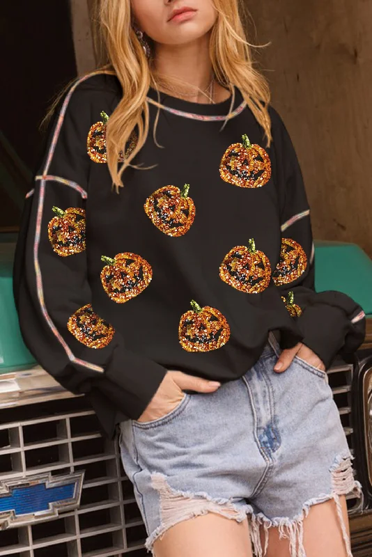 Black Sequin Pumpkin Face Graphic Exposed Seam Halloween Sweatshirt Hoodie with Sequins Glamorous Eye-catching Black Sequin Pumpkin Face Graphic Exposed Seam Halloween Sweatshirt Hoodie with Sequins Glamorous Eye-catching