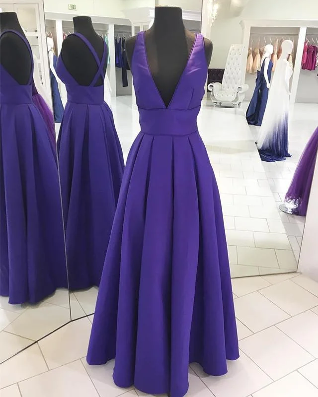 Long Satin V-neck Cross Back Prom Dresses Floor Length Evening Gowns Tunics Lace romantic