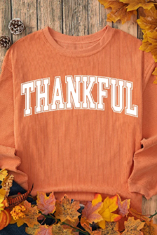 Orange THANKFUL Crew Neck Pullover Sweatshirt Hoodie with Oversized Fit Loose Comfortable