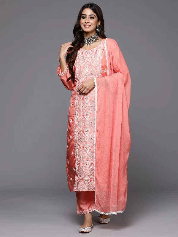 Women's Peach Embroidered Straight Kurta Trousers With Dupatta Set - Indo Era Trousers Pleated Formal Women's Peach Embroidered Straight Kurta Trousers With Dupatta Set - Indo Era Trousers Pleated Formal