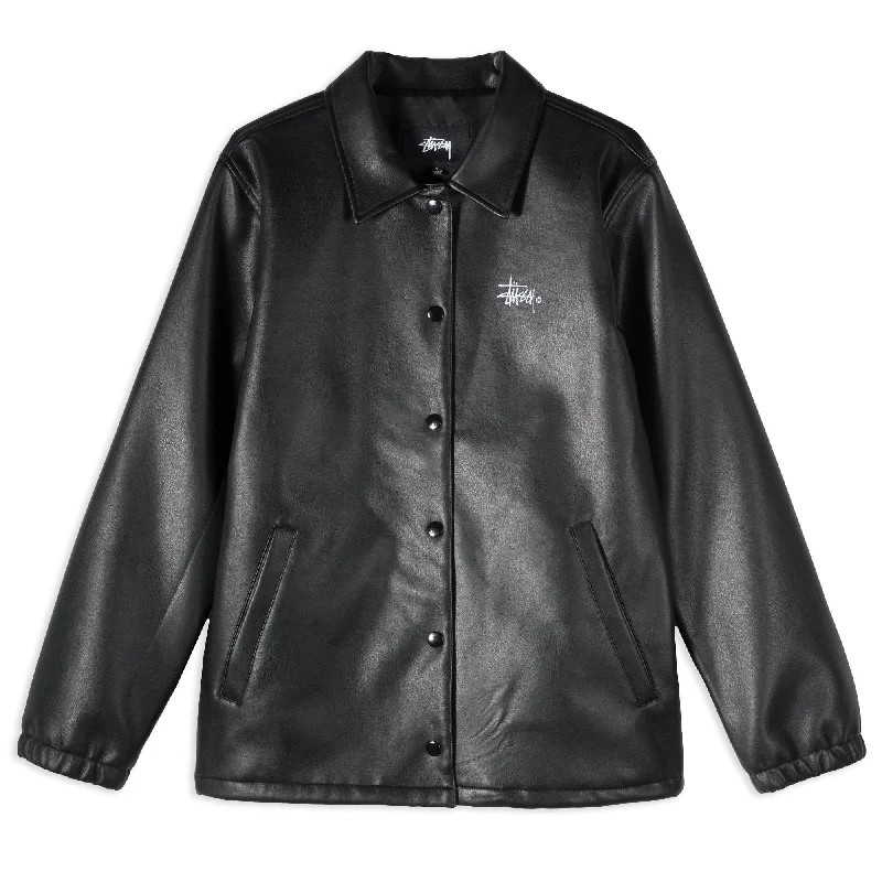 Stussy PU Coach Jacket Black Zippered Front Buttoned Front Snap Front
