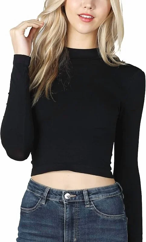 Mock Neck Crop Top In Black Knit Fabric Woven Fabric Fleece Fabric