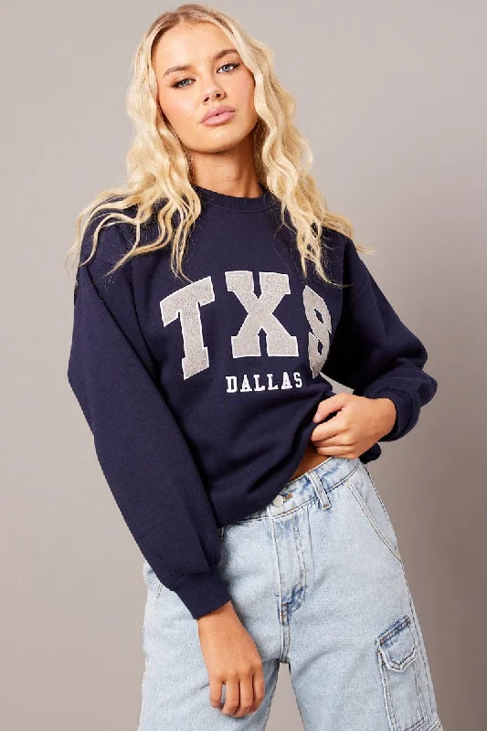 Blue Graphic Sweater Long Sleeve Mesh Sweater Canvas Denim