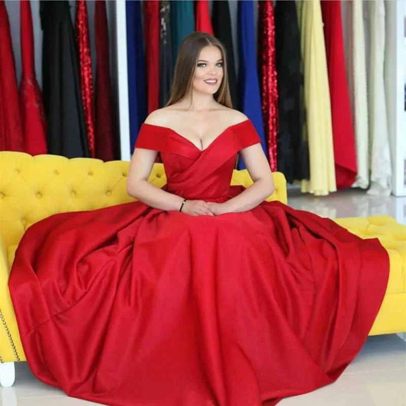 Red Satin Long V Neck Prom Dresses Ball Gowns 2018 Boatneck Modish Everyday