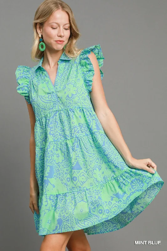 Ruffle V-Neck Dress- Mint Blue Tunics Spring floral