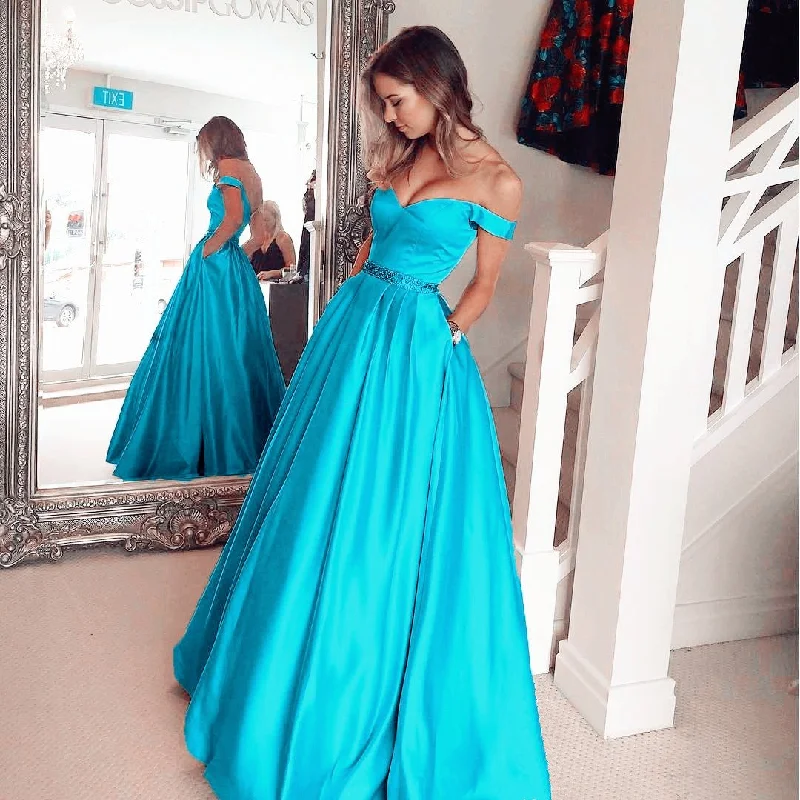 Turquoise Blue Satin Long Evening Prom Dresses Ball Gowns 2017 Tunics stripes playful