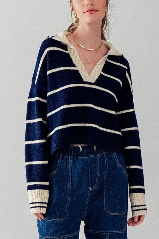 Fashion Week Striped Knit Sailor Collar Sweater Sweater Knitwear Pullover