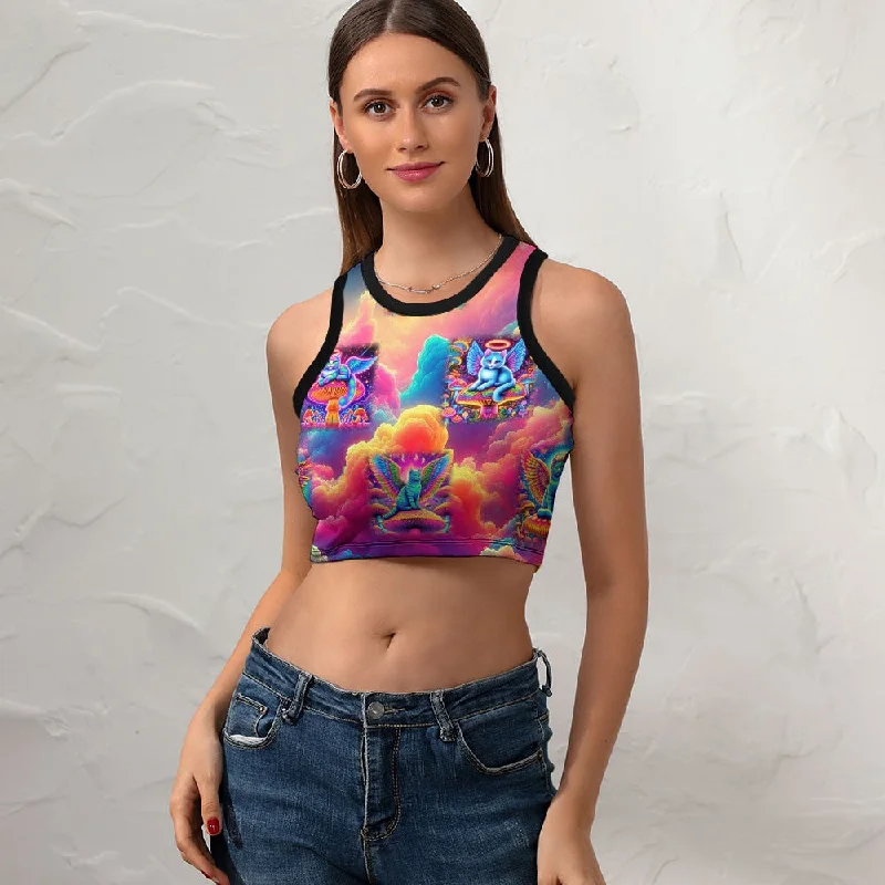 “Heavenly Angel Cats on Psychedelic Mushrooms” Women's Slim Racer Crop Top Cozy Warm Stylish