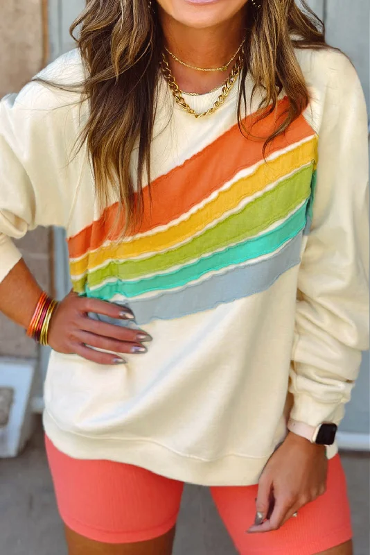 white Rainbow Raglan Sleeve Crew Neck Plus Size Sweatshirt Hoodie with Drawcord Adjustable Secure