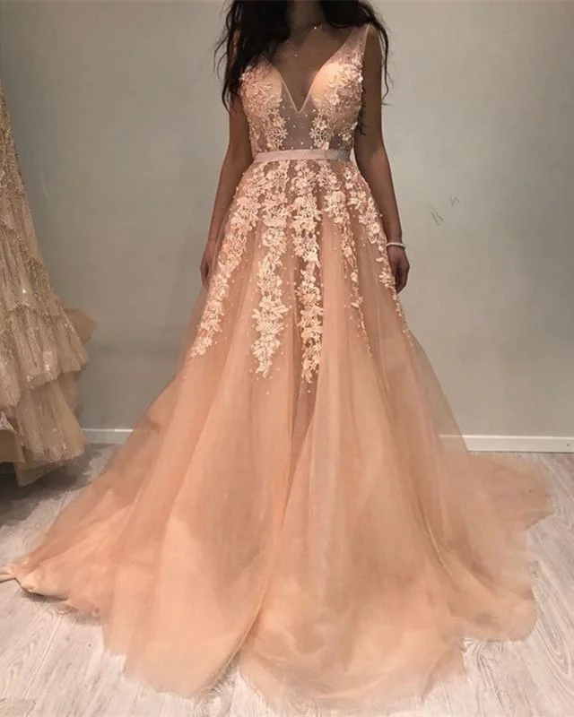Plunge V-neck Long Tulle Prom Dresses Lace Appliques Evening Gowns Tunics stripes playful
