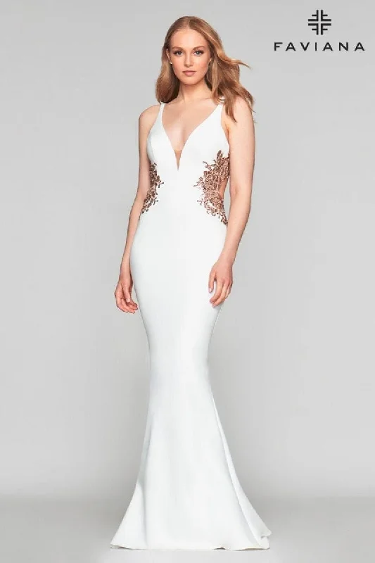 Long V Neck Neoprene Dress With Beaded Applique At Waist And Open Back Cowl Neckline Elegant